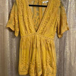 Honey Punch Mustard Yellow Boho Embroidered Crochet Lace Romper, Small Photo 0
