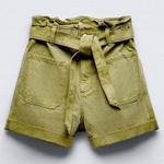 ZARA Green Denim Baggy Paperbag Raw Hem Shorts with Belt Photo 0
