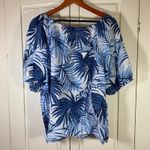 Talbots Plus Size 2X Linen Blue White Palm Leaf Print Blouse Top Resort Photo 1
