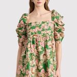 Misa Dress Green Kate Mini Ruched Puffed Floral Pintuck Tie Back A Line Boho XS Photo 0