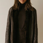 Vintage Chocolate Brown Leather Jacket With Faux Fur Shawl Trim Boho Chic Size L Photo 0