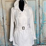 Black Rivet White Nylon Double Breasted Belted Trench Coat L Photo 0