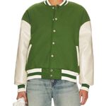 superdown New Faux Leather Sleeves Varsity Jacket Kai Green Ivory Size XL Photo 1