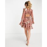 ASOS  DESIGN tiered ruffle floral jaquard mini dress ruffle cutout skirt metallic Photo 13