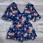 As You Wish As U Wish Romper Womens S Floral Navy Blue Flutter 1/2 Sleeve V Neck Low Back Photo 1