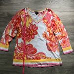 Talbots  100% Cotton Lightweight White Pink Orange Floral V Neck Sweater Size M Photo 5