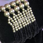 Silver Tone Black Seed Bead Boho Beaded Wide Stretchy Bracelet Photo 1