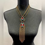Vintage German Blue & Red Brass Tone Tassel Chain Statement Unique Rare Necklace Photo 0