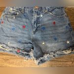 No Boundaries  Blue and Red Jean Shorts with Distressed Hem Photo 3