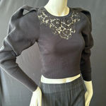 EXPRESS  long sleeve exaggerated sleeve embroidered ribbed lace top black size xs Photo 0