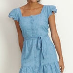 Old Navy  | Blue Denim Chambray Embroidered Cutwork Eyelet Peasant Mini Dress, L Photo 0