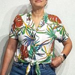 FOR THE REPUBLIC  White Floral Front Tie Blouse Sz L Photo 0