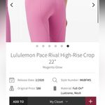 Lululemon  Pace Rival High-Rise Crop 22” in Magenta Glow‎ Leggings Size 6 Photo 10