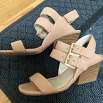 Nine West Gadele Nude Side Buckle Leather Wedge Open Toe Sandals Heels Size 6 Photo 0