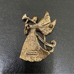 Monet Vintage  Signed Antique Brass-tone Rhinestone Angel Playing Trumpet Brooch Photo 5