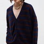 ZARA  casual Navy and Brown V-Neck Sweater oversized cardigan size M preppy Photo 0
