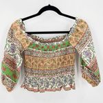 ZARA  printed top  Ruffled straight neck Crop smocked linen blend festival beach Photo 1