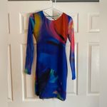 ZARA  medium Bodycon abstract paint sheer blue midi long sleeve dress tulle multi Photo 4