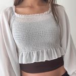 Romwe  White Sheer Bishop Sleeve Smocked‎ Crop Top Ruffle Trim Square Neck Blouse Photo 1