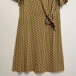 Ann Taylor Factory Faux Wrap Dress Mustard Navy Geometric Side Tie Fit & Flare L Photo 4