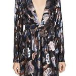 Ramy Brook  Silk Metallic Jacquard Dress Long Sleeve Deep V-Neck Floral Blue 10 Photo 0
