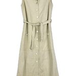 Vintage Rhythm Linen Blend Midi Shirt Dress Size 10 Petite Tie Waist Coastal Tan Photo 0