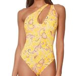 Sanctuary  Women's Yellow Paisley Asymmetrical Shoulder One-Piece Swim Size L New Photo 0