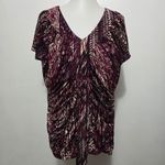 Worthington 1X Burgundy Abstract Print Ruched V Neck Short Sleeve Top Plus Size Photo 1