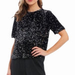 Alex Marie NWT Lia Sequined Crew Neck Short Sleeve Stretch Velvet Black Bls MD Photo 0