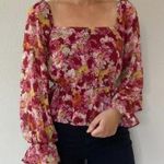WAYF  Red & Yellow Floral Milkmaid Peplum Flounce Sleeve Blouse Size Medium Photo 0