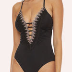 Becca NWT  Delilah Black Crochet Trim One Piece Swimsuit - Small Photo 0
