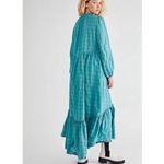 Free People  | Edie Ruffle Long Balloon Sleeve Maxi Dress Plaid Teal | Size Small Photo 2