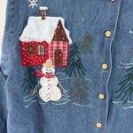 Karen Scott Blue Denim shirt winter scene snowman reindeer holiday M embroidered Photo 7
