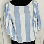 American Eagle Womens Sz S Blue White Striped Chambray Top Bell Sleeves Cropped Photo 0