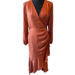 ASTR Rust Satin Wrap Dress Long Sleeve Ruched Side Ruffle Cocktail • M *Flaw comment. Photo 9