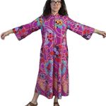 VINTAGE 1970s DAVID BROWN FLORAL ZIP ROBE LOUNGER KAFTAN MUMU DRESS Sz Medium Pink Photo 3