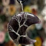Amethyst Crescent Moon Natural Gemstone Tree Of Life Wire Wrap Pendant Silver Photo 1