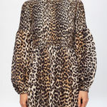 Ganni  Leopard Smocked Mini Silk Cotton Long Sleeve Animal Print Dress Size 12 42 Photo 0