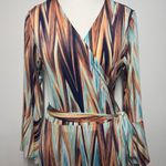 Veronica M Dress Women L ZigZag Orange Blue Wrap Style Bell Sleeve Stretch Party Photo 2