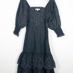 Love Shack Fancy  Toulon Midi Dress Size 4 Black Embroidered Puff Sleeves Bohemian Photo 3