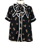 The Moon Dachshund Dog Print Bow Neck Retro Style Blouse Black Size Large Photo 0
