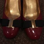 Nine West Dark Red Patent Heels With Black & Gold Bow Size 7 Photo 3