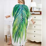 Tropical Palm Fronds Kaftan Maxi Dress Silky OS NEW Green Photo 1