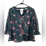 Skies Are Blue  Dark Green Blouse with Pink and Purple Floral Design Photo 1