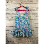 Women's Kinder Smocks Blue Pink Floral Ruffle Tank Top L Size L Photo 1