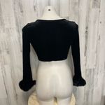 XS Black Velvet Zip Front Crop Top w/ Fur Cuff Sleeves | Long Sleeve Party Top Black Photo 4