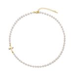 Elegant Gold and White Pearl Necklace with Cross Pendant Photo 4
