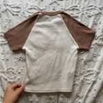 Full Tilt XS WHITE CROP TOP WITH PINK BUTTERFLY PATCH AND BROWN SLEEVES Photo 3