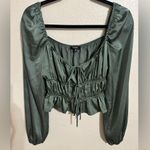 Mixed Threads Tie Front Square Neck Hunter Green Peasant Crop Blouse Size M Photo 5
