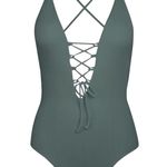 Cupshe NEW Ribbed Sage Green V-Neck Lacey Vacation One Piece Swimsuit Size S Photo 0
